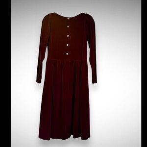 Laura Ashley Burgundy Velvet Midi Gown Dress Fit & Flair Women's 8 Long Sleeves